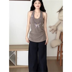 批发美式辣妹撞色印花挂脖吊带背心女夏季新款设计感小众外穿内搭<b class='q'>上衣</b>