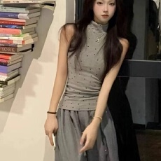 批发灰色半高领<b class='q'>背心女</b>夏外穿辣妹修身显瘦波点吊带设计感褶皱无袖上衣