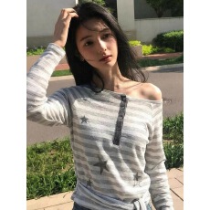 批发韩系条纹罩衫长袖<b class='q'>t</b><b class='q'>恤</b>女夏季新款穿搭星星印花慵懒风宽松微透上衣