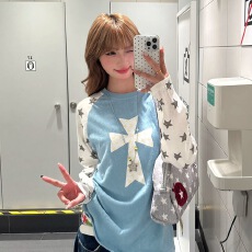 批发美式复古十字架星星印花春夏季插肩长袖<b class='q'>T</b><b class='q'>恤</b>女宽松薄款防晒罩衫