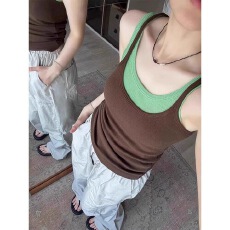 批发撞色假两件螺纹吊带背心女夏外穿遮副乳修身叠穿内搭打底无袖<b class='q'>上衣</b>