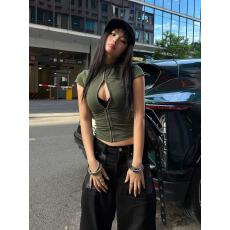 批发<b class='q'>欧美</b>风酷飒街区绿色立领排扣短袖上衣时髦辣妹紧身镂空短款T恤ins