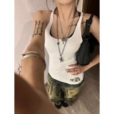 批发辣妹印花白色无袖<b class='q'>背心</b>女夏季遮肉显瘦设计感小众中<b class='q'>长款</b>吊带上衣