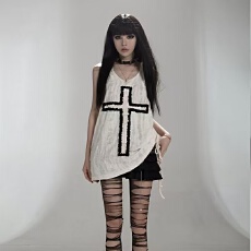 批发2026夏季新款撕裂十字架宽松背心女夏季亚文化<b class='q'>街头</b>朋克上衣潮ins