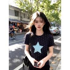 批发2026潮牌大星星波点印花短袖t恤女夏季修身纯欲风辣妹百搭上衣潮