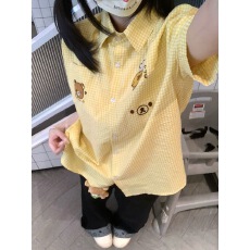 批发和小熊<b class='q'>冬</b>眠可爱日系宅萌轻松熊黄色格子短袖衬衫女夏季宽松衬衣