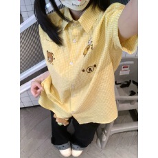 批发和小熊<b class='q'>冬</b>眠可爱日系宅萌轻松熊黄色格子短袖衬衫女夏季宽松衬衣