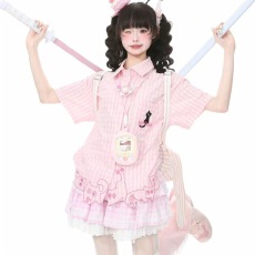 批发洛丽塔内搭衬衫蓝鬼公园小猫刺绣格子领短袖衬衫女衬衣上衣<b class='q'>可爱</b>