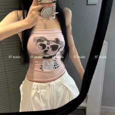 批发美式复古重磅小狗印花抹胸背心女宽松显瘦气质别致独特修身上衣