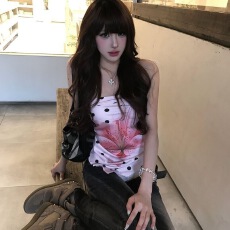 批发美式复古缎面方巾女夏季波点小狗印花显瘦抹胸露背辣妹度假风上衣