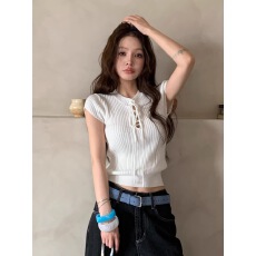 批发韩系漂亮白色系带针织衫短袖T恤女夏季小个子设计感修身短款上衣
