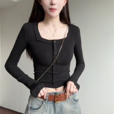 批发<b class='q'>欧美</b>上衣<b class='q'>T</b><b class='q'>恤</b>仿棉 法式纯欲风方领短款打底衫女春秋季长袖<b class='q'>t</b><b class='q'>恤</b>上衣