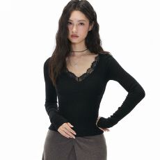 批发纯欲春秋季<b class='q'>蕾丝</b>花边V领打底衫女高级感内搭独特辣妹上衣