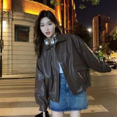批发复古棕色<b class='q'>皮衣</b>女短款2026春秋季小个子韩版宽松皮夹克帅气<b class='q'>机车</b>外套