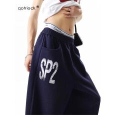 批发<b class='q'>韩版</b>美式重磅字母印花垂感卫裤男女潮牌宽松运动休闲裤街舞阔腿裤