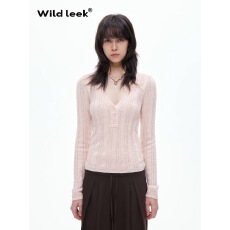 批发Wild leek 藕粉色V领毛织上衣女2025FW竖坑条螺纹<b class='q'>镂空</b>羊毛针织<b class='q'>衫</b>