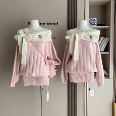 批发原创一字肩蝴蝶结厚款连衣裙氛围感针织长袖毛衣