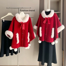 批发<b class='q'>冬</b>日协奏曲 千金风复古红色斗篷外套女<b class='q'>冬</b>圣诞新年穿搭战袍