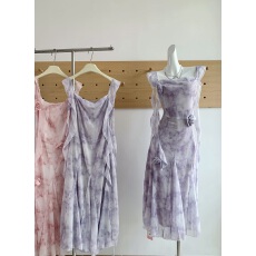 批发夏季流苏晕染碎花雪纺吊带连衣裙中长款收腰无袖<b class='q'>背心裙</b>