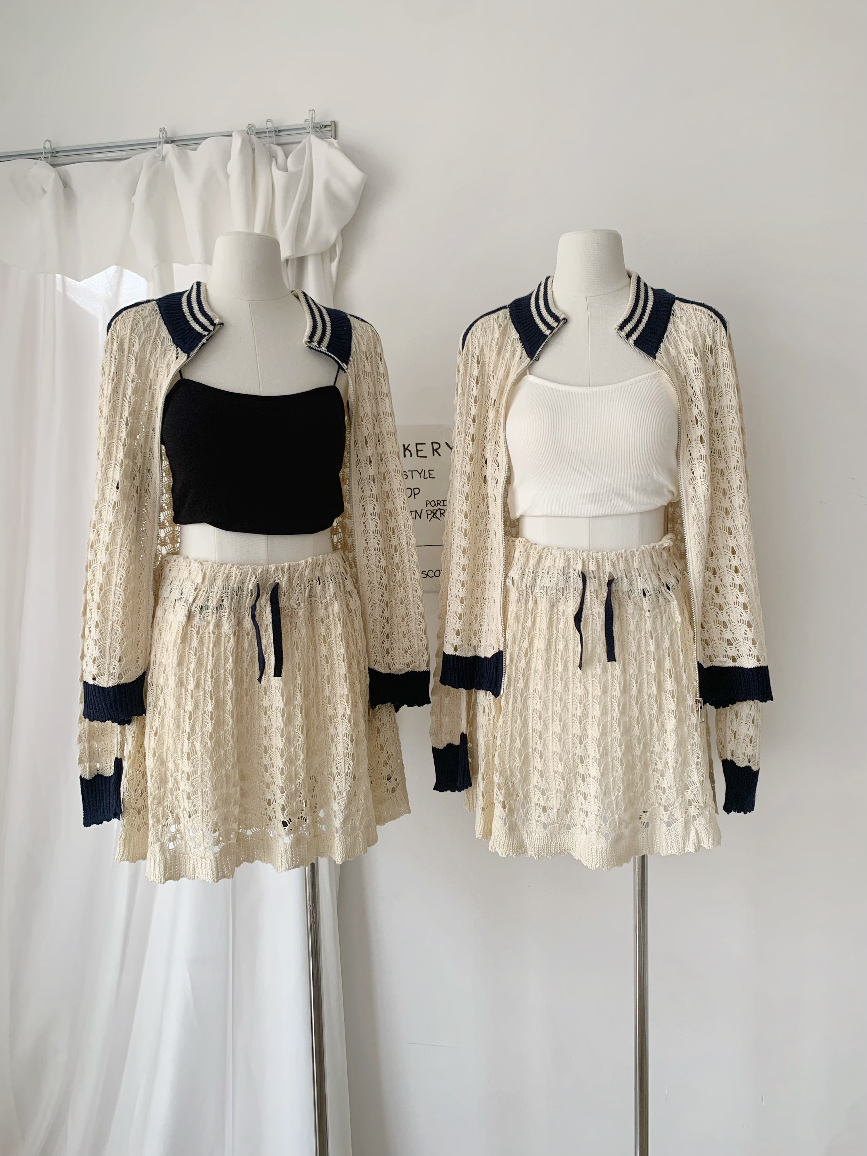 度假风镂空钩花撞色立领针织学院套装 服裝批發女裝批發服飾貨源
