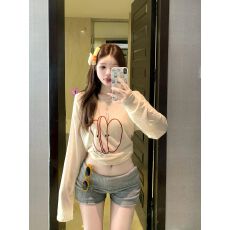 批发原版面料 美式复古罩衫苹果刺绣<b class='q'>长袖</b><b class='q'>t</b><b class='q'>恤</b><b class='q'>女</b>宽松防晒慵懒风上衣
