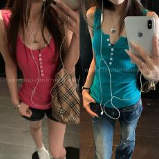 批发人棉260克 莓果红色韩版纯欲u领纽扣辣妹无袖吊带背心女夏季上衣