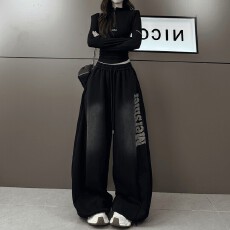 批发2025年加绒加厚复古洗水男女同款重工字母<b class='q'>印花</b>阔腿休闲裤