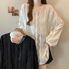 批发实拍 <b class='q'>大码</b>胖MM拼接蕾丝微透防晒<b class='q'>开衫</b>宽松纯色森女系衬衣仙女衫