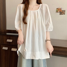 批发实拍 大码胖MM方领泡泡袖短袖<b class='q'>衬衫</b>后背镂空设计感宽松遮肉显瘦上