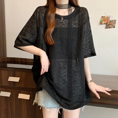 实拍实价 大码胖MM 蕾丝打底衫夏季气质微透圆领飘带宽松上衣