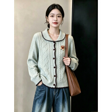 批发<b class='q'>实拍</b>胖妹妹新款毛衣外套拼色翻领设计开衫外套女