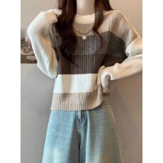 批发慵懒风软糯条纹针织毛衣女<b class='q'>春</b>秋2025新款爆款圆领套头外穿宽松上衣