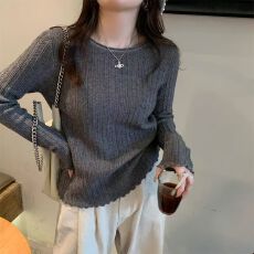 批发2025春秋季纹理<b class='q'>百搭</b>针织打底衫设计感小众上衣圆领木耳边袖口内搭