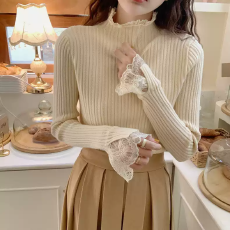 批发蕾丝花边拼接半高领打底衫毛衣女修身内搭针织上衣