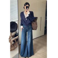 批发质感蓝灰拼接阔腿牛仔裤女秋季新款<b class='q'>高腰</b>遮胯宽松不贴腿喇叭长裤子