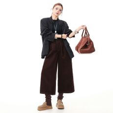 批发松紧腰杏色灯芯绒休闲裤女2025年秋季新款<b class='q'>七分</b>阔腿裤