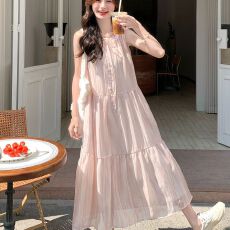 批发小仙女甜美粉色木耳边系带领无袖连衣裙2026夏清纯系初恋背心长裙