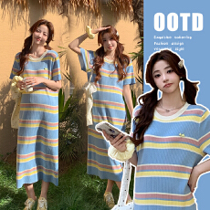 批发实拍2026夏新款法式条纹甜美宽松撞色条纹<b class='q'>韩版</b>冰丝清凉孕妈连衣裙