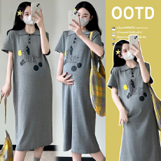 批发实拍~2026夏季新款<b class='q'>韩版</b>卡通POLO领简约宽松显瘦孕妈针织连衣裙