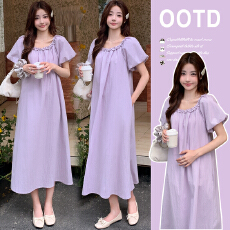 批发现实拍~2026新款法式温柔花边方领气质显瘦温柔花苞袖孕妈<b class='q'>连衣裙</b>