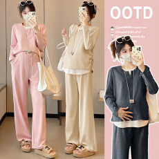 批发实拍2025秋季新款假两件软糯上衣<b class='q'>休闲</b>套装甜美韩系气质孕妇套装