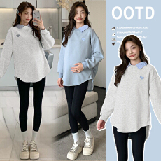 2026新款秋装假两件遮肚子不显怀长袖卫衣孕期法式穿搭套装小个子