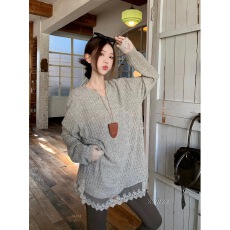 2025秋冬新款帷幔休闲时尚百搭蕾丝花边拼接孕妇装套头T恤打底衫