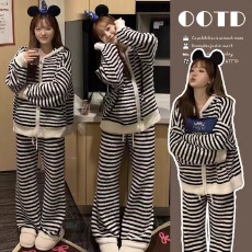 批发2025新款秋冬季条纹珊瑚绒长袖长裤连帽睡衣家居服孕妇套装可外穿