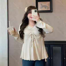 批发法式正肩长袖v领打底衫女秋季<b class='q'>孕妇</b><b class='q'>大码</b>设计感修身显瘦荷叶边<b class='q'>上衣</b>