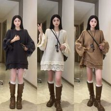 批发2026新款秋季花边灯笼袖套头毛衣中长款休闲宽松显瘦孕妇装上衣