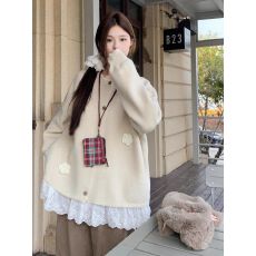 批发2025假两件开衫毛衣外套女秋季孕妇装高级感减龄蕾丝拼接针织上衣