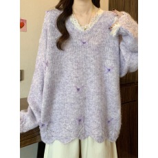 批发2026新款秋<b class='q'>冬</b>蕾丝蝴蝶针织设计紫色立体毛衣打底宽松显瘦孕妇上衣