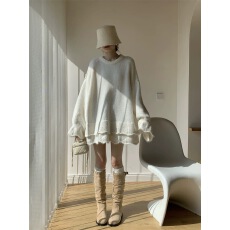 批发2026新款秋季花边灯笼袖套头毛衣<b class='q'>中长款</b>休闲宽松显瘦<b class='q'>孕妇</b><b class='q'>装上</b>衣