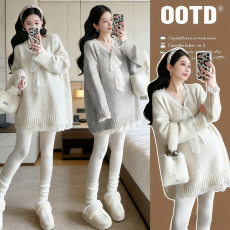 2026秋冬季蕾丝蝴蝶结拼接宽松长袖毛衣孕妇装慵懒针织衫中长款